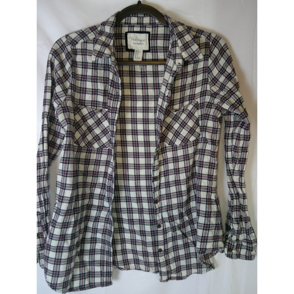 Forever 21 Womens Plaid Button Down Shirt Cream Black Burgundy Size Medium - Picture 1 of 3